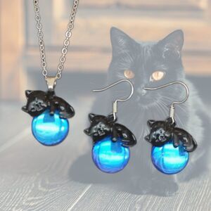 Mystic Black Cat on a Crystal Ball Moon Necklace & Earrings Set